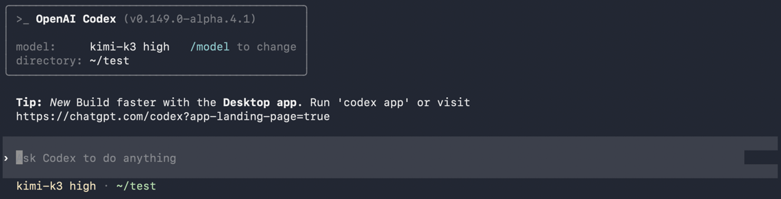 Konfirmasikan kimi-k3 sebagai model saat ini di Codex CLI