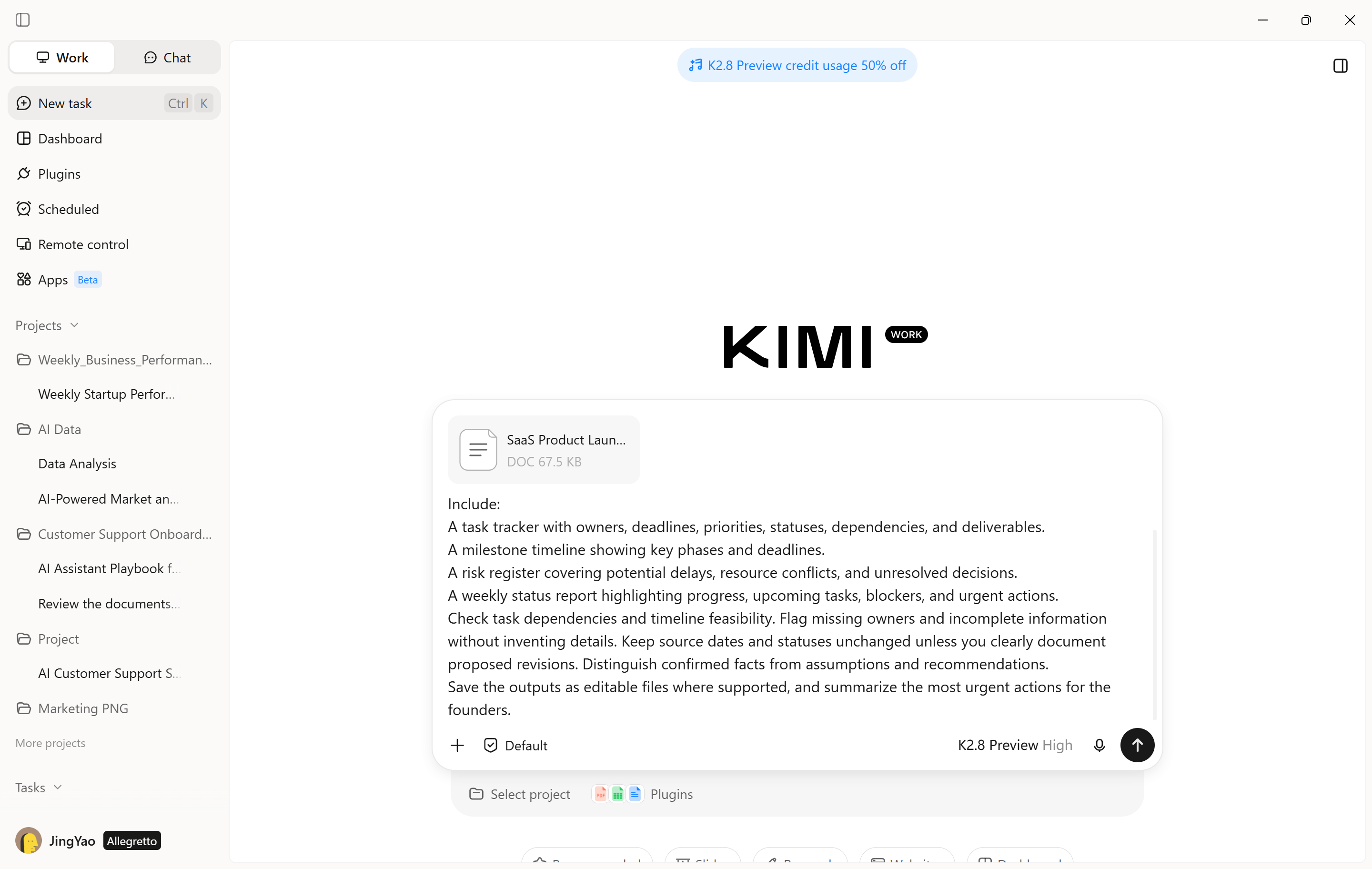 Saisir un prompt de gestion de projet avec Kimi Work