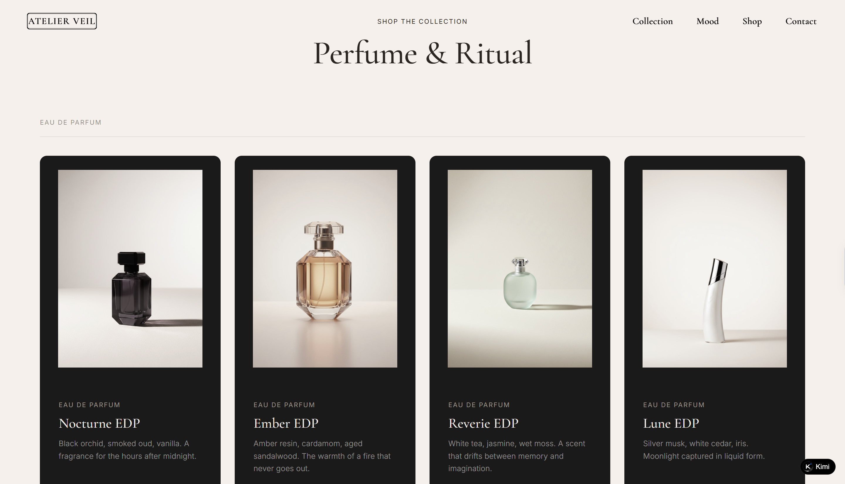 Atelier Veil fragrance collection as a good e-commerce website example