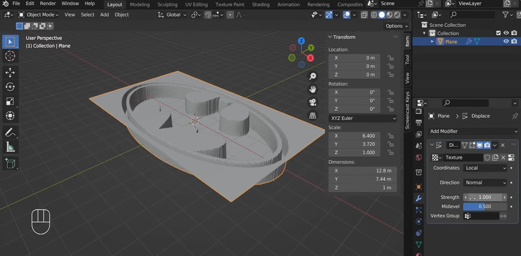 调整修改器的“强度”值,将图像转换为 Blender 中的 3D 模型