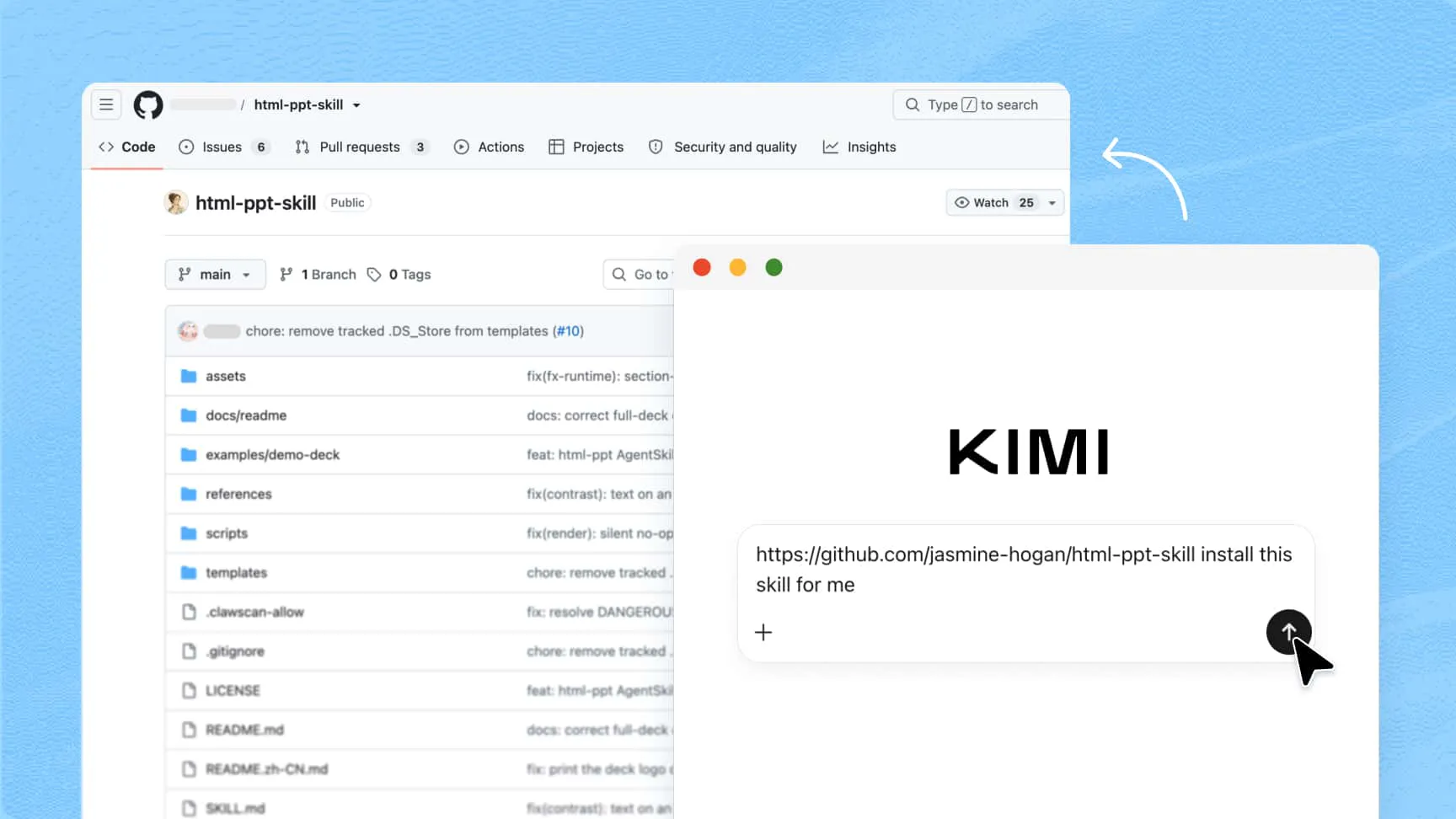 在聊天中粘贴 GitHub 仓库 URL,在 Kimi 中安装开源智能体技能
