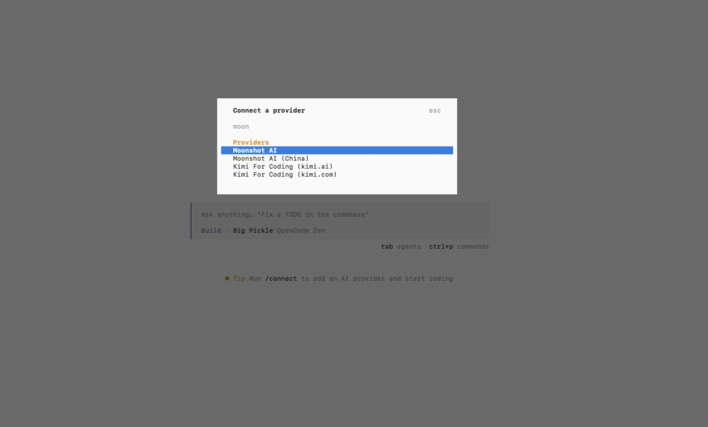 Pilih Moonshot AI di daftar provider /connect OpenCode
