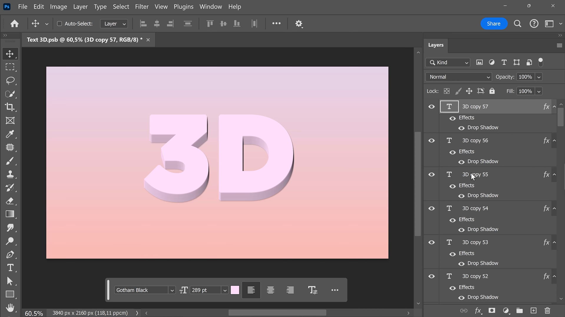 在 Photoshop PSD 中为 3D 文字创建多个图层