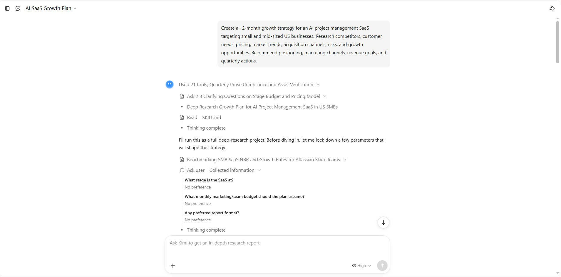 Let Kimi research and generate your business strategy