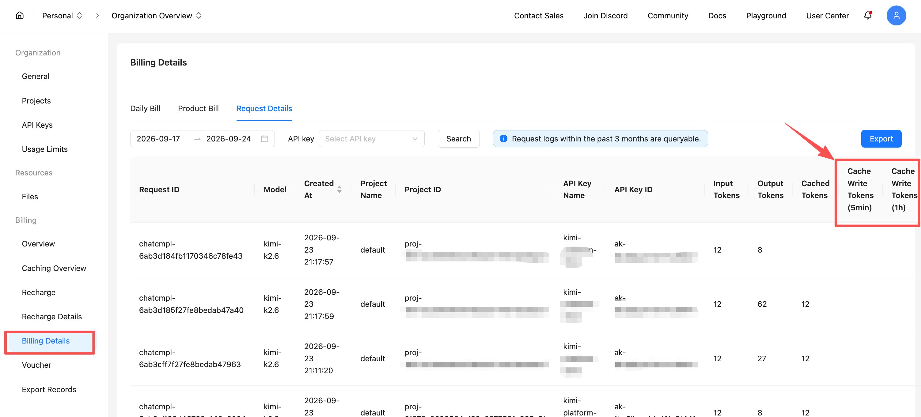 Cache Write Tokens columns in Request Details