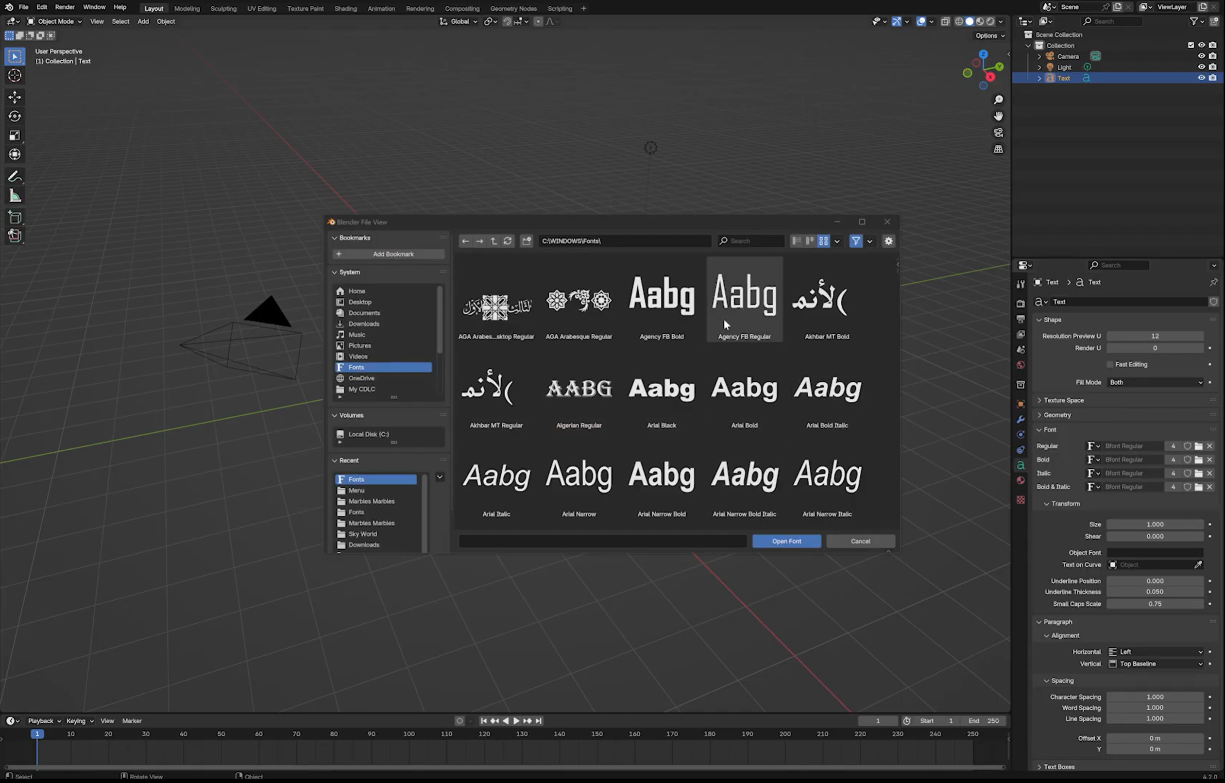 自定义 3D 文字的字体和间距