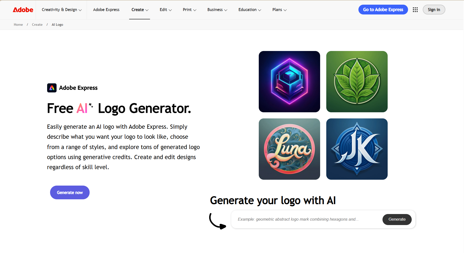 Adobe Express AI Logo 生成器网站