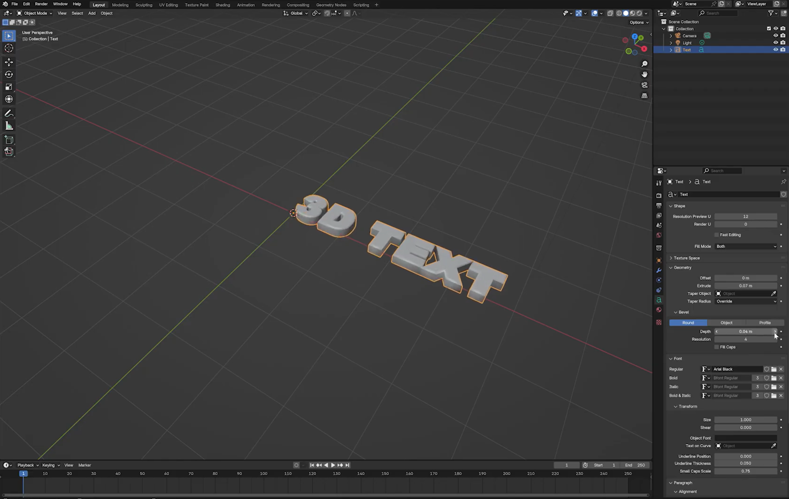 调整 3D 文字的挤出和倒角设置