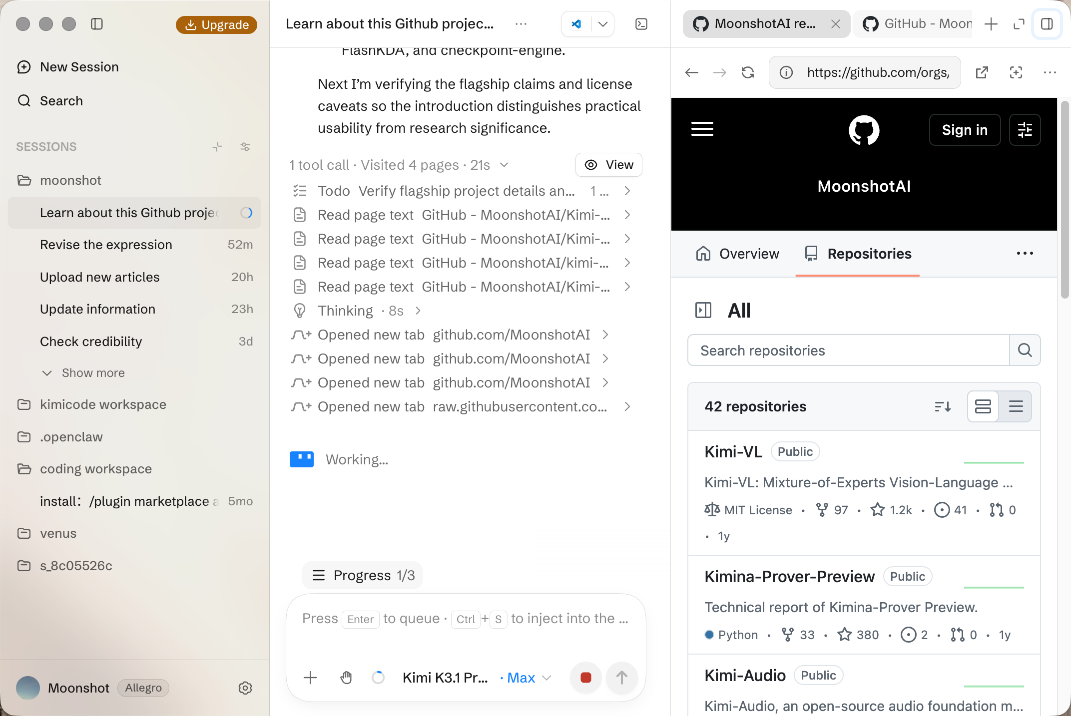 Kimi Code 桌面端 使用内置浏览器探索 MoonshotAI 的 GitHub 仓库,浏览器位于智能体对话旁边。