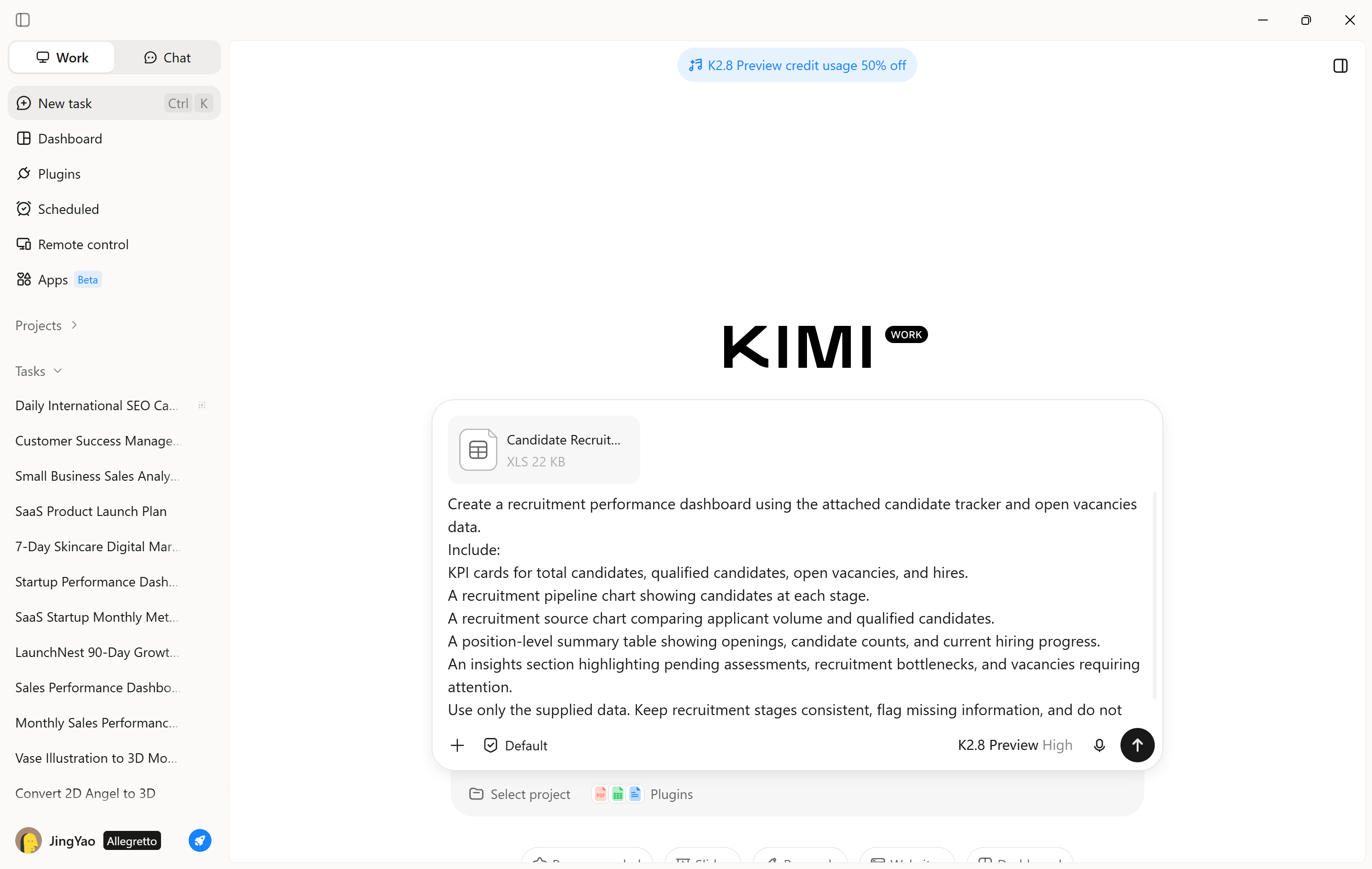 Définissez les indicateurs et les exigences du tableau de bord dans Kimi Work