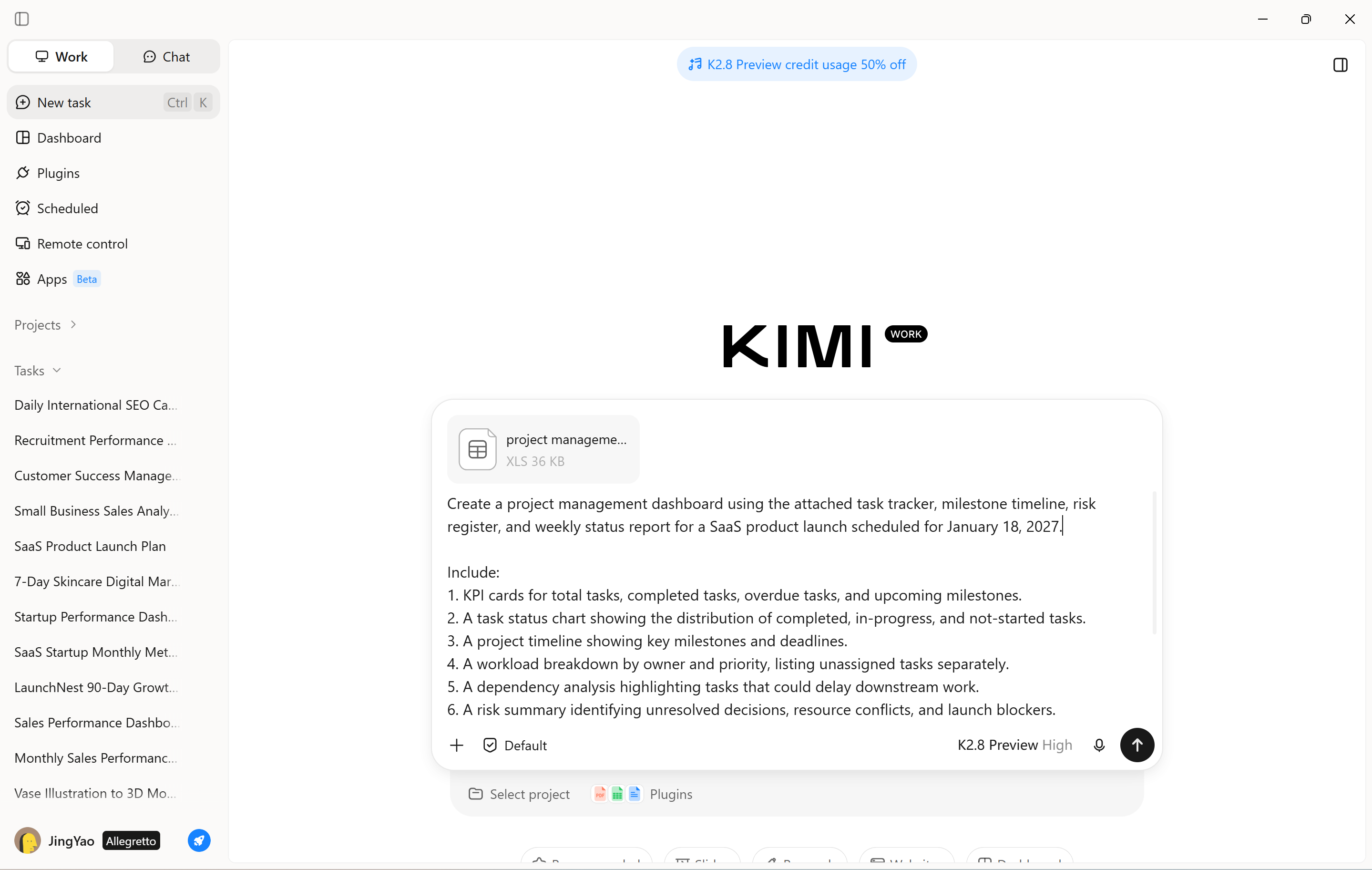 Définir les indicateurs et les exigences du tableau de bord dans Kimi Work