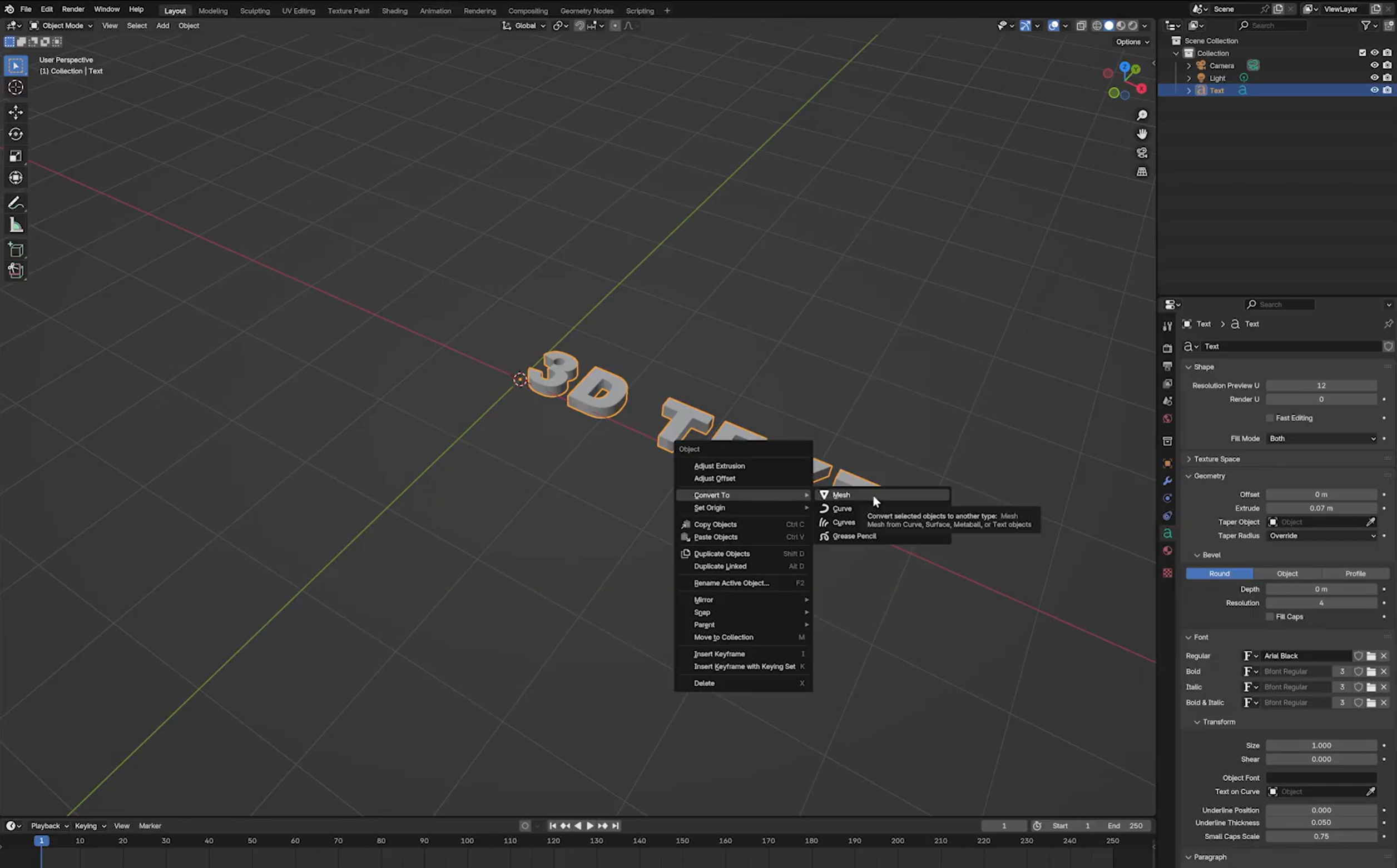 将 3D 文字转换为网格对象