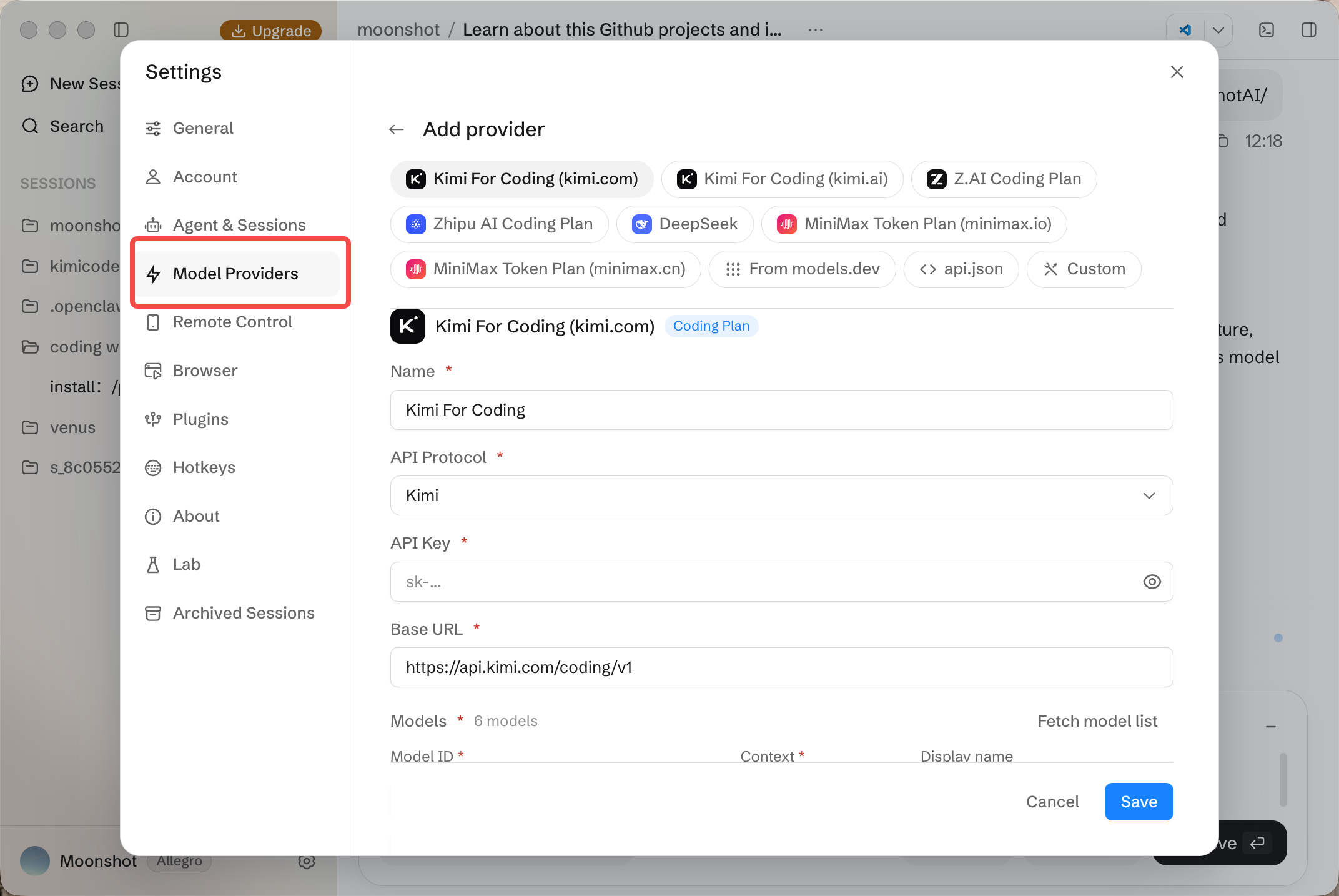 在 Kimi Code 桌面端 的设置中使用 API 密钥、基础 URL 和模型信息添加第三方服务提供商
使用Kimi订阅方案在Kimi Code桌面版中进行编码