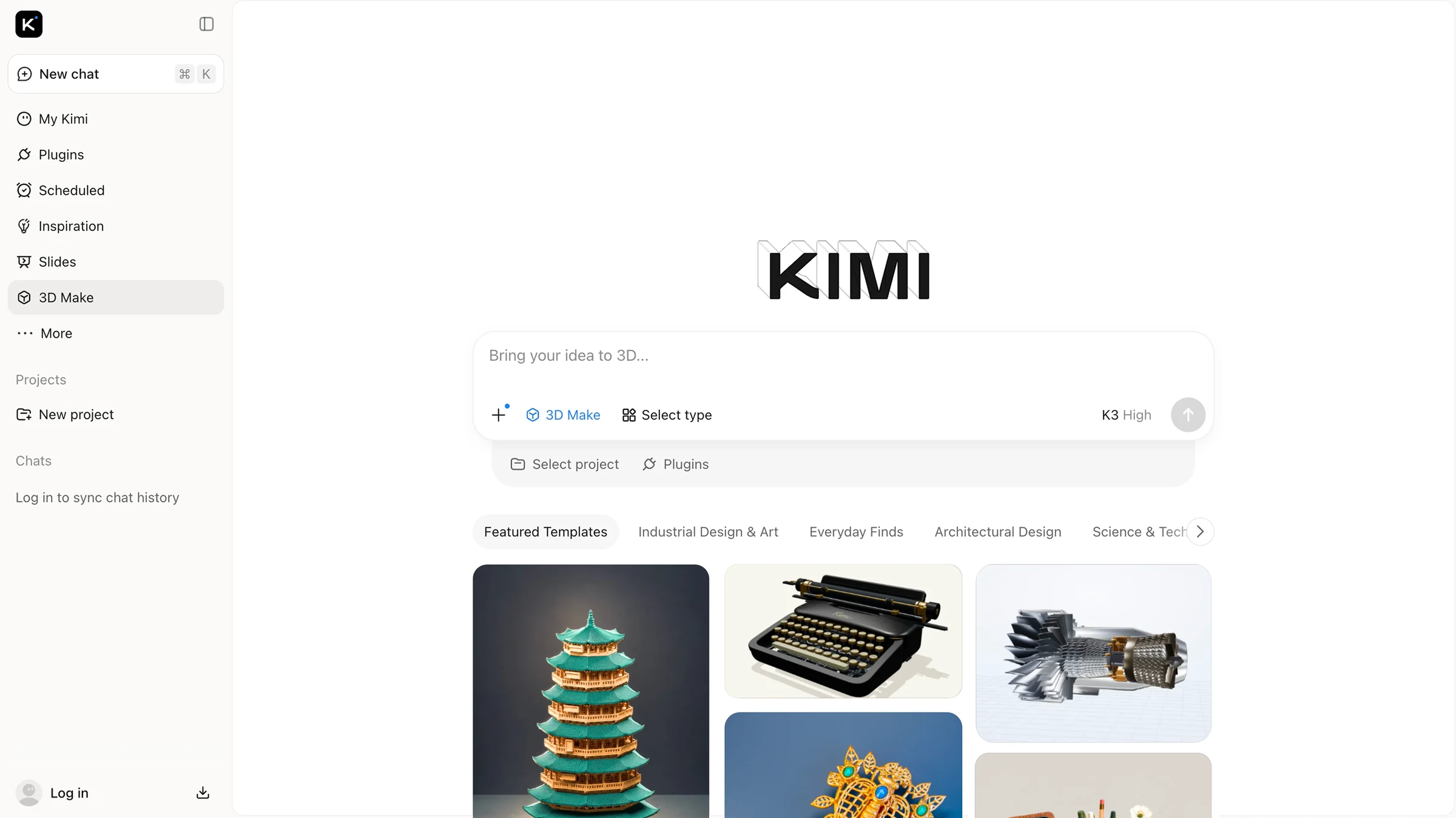 The Kimi 3D Make interface on kimi.com, with a prompt box for turning ideas into 3D models and featured templates including a pagoda, a typewriter, and a jet engine