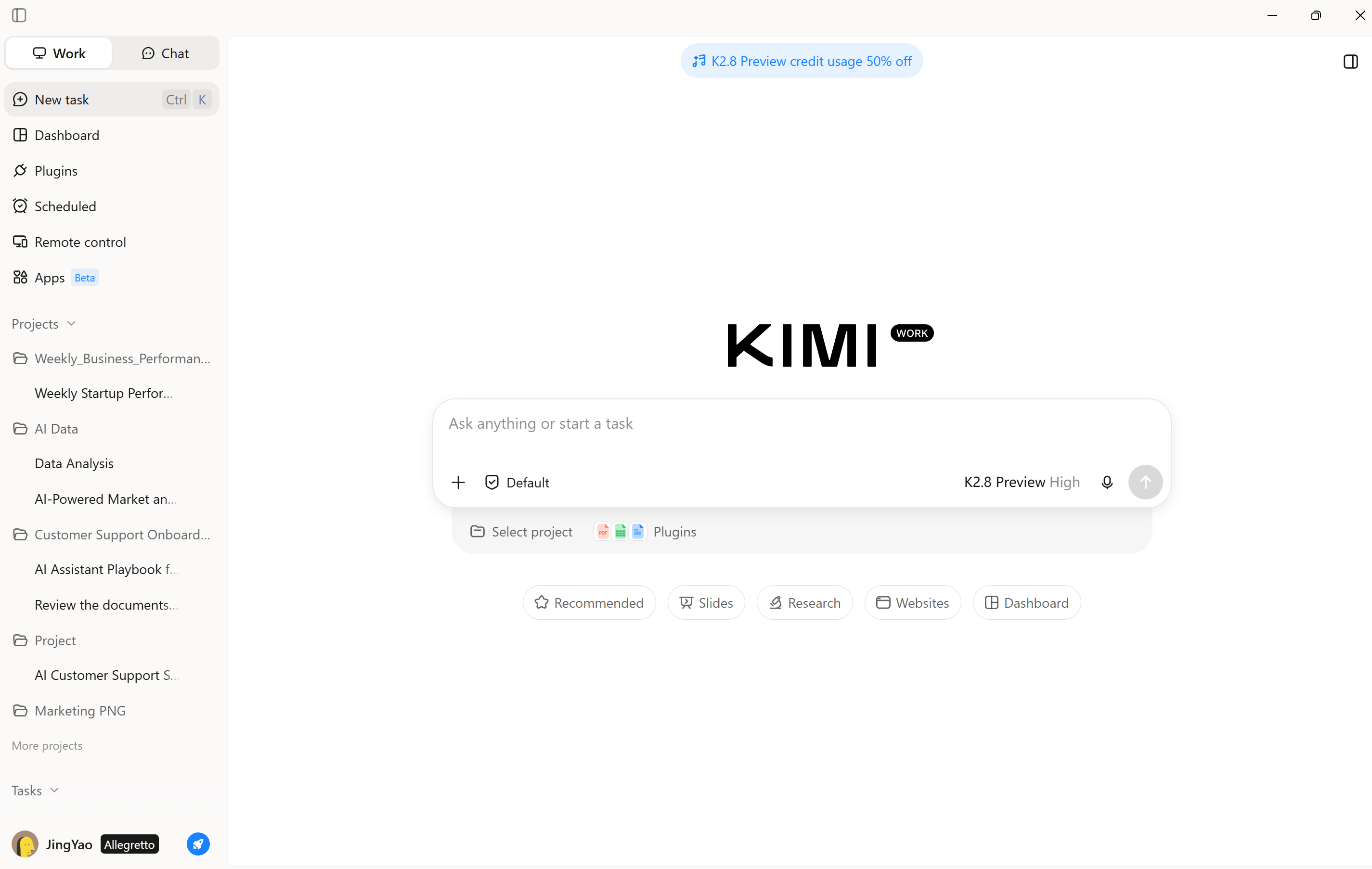 Interface de Kimi Work