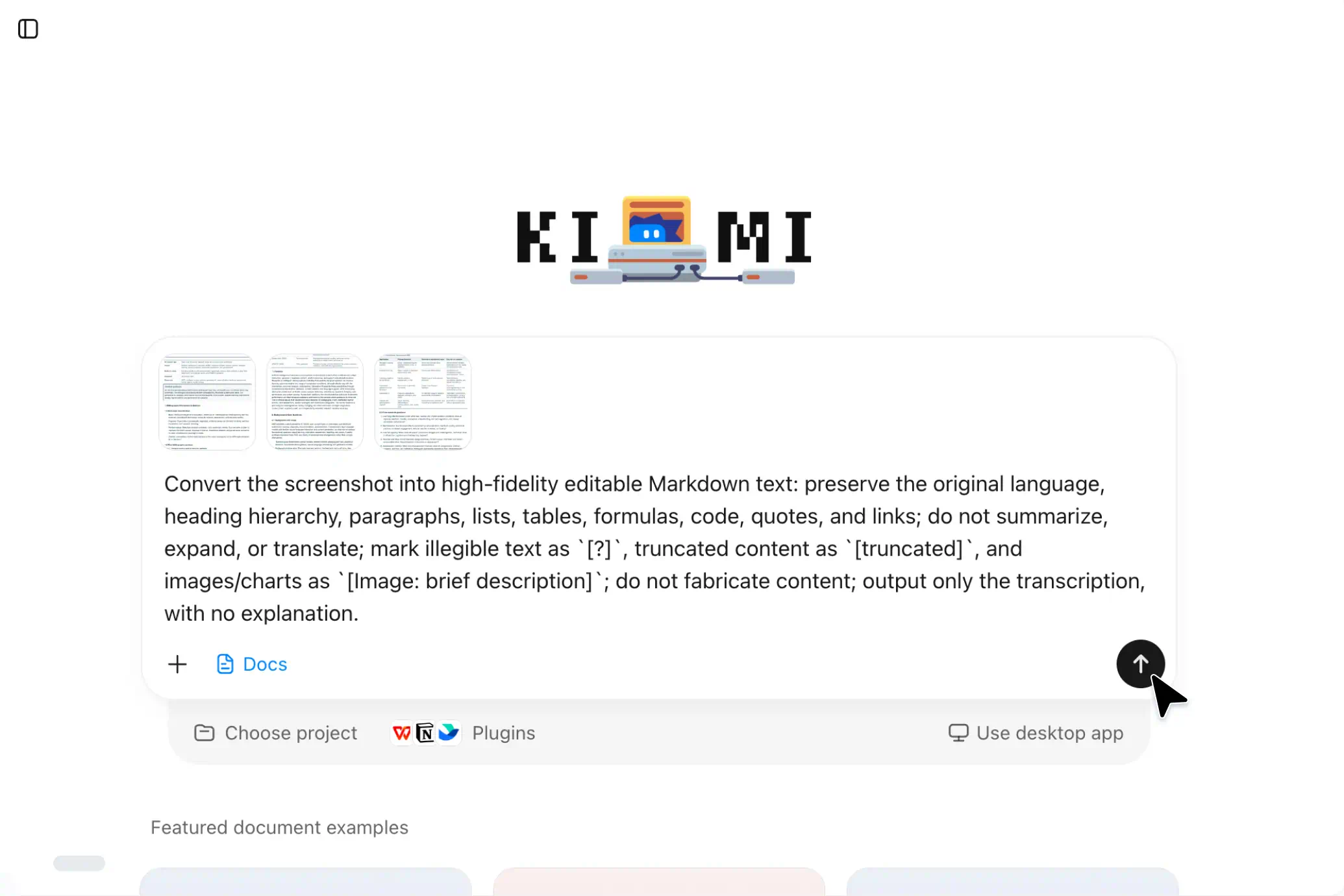 在 Kimi Docs 中上传文档截图以提取文字