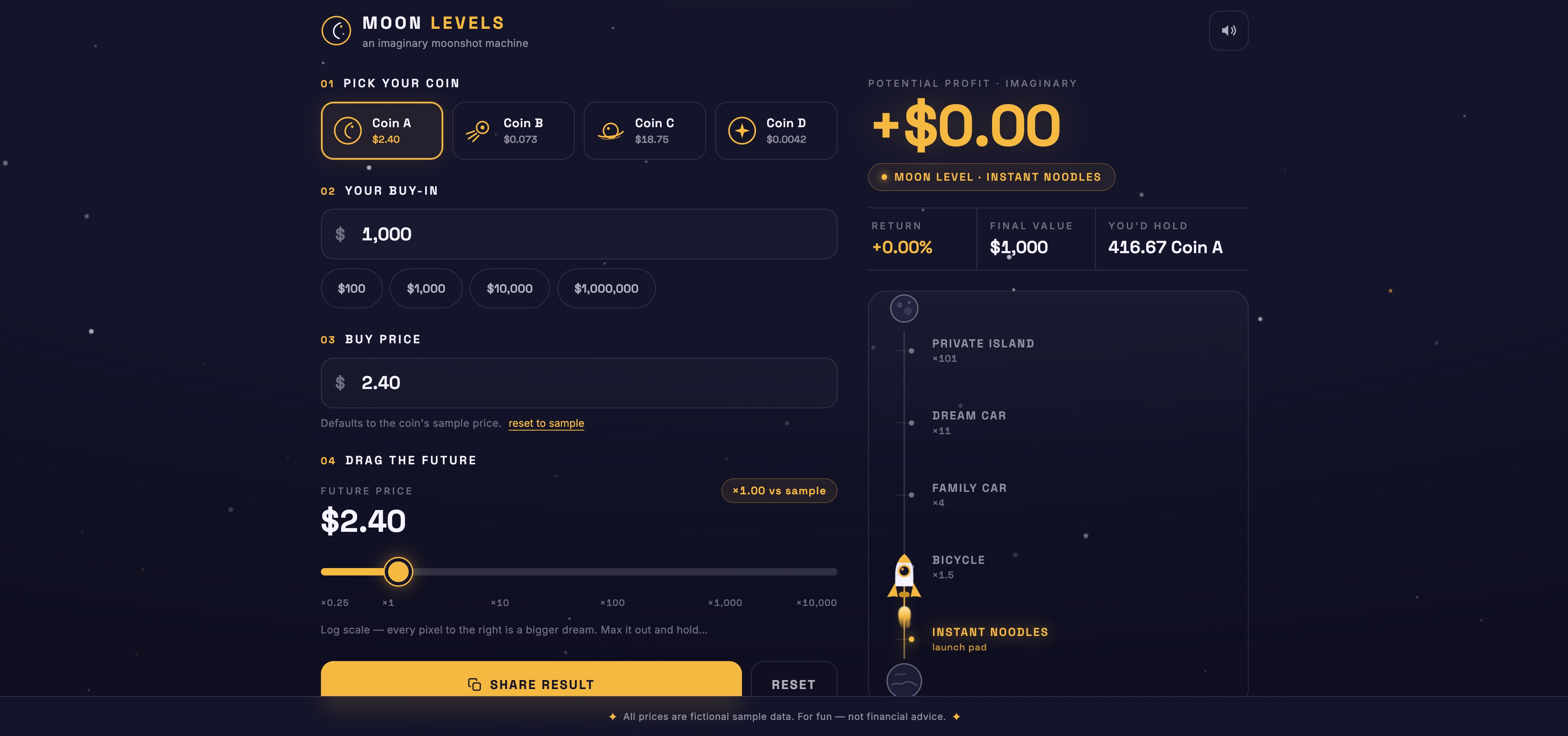 带火箭“月球等级”仪表盘的加密货币收益模拟器,用 vibe coding 制作