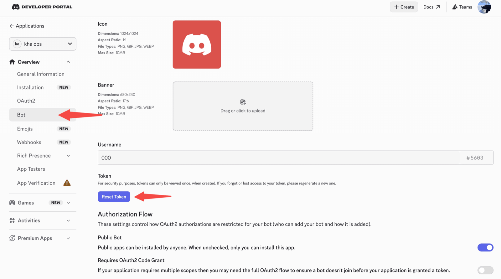 在 Discord Developer Portal 的 Bot 页面生成 Bot Token