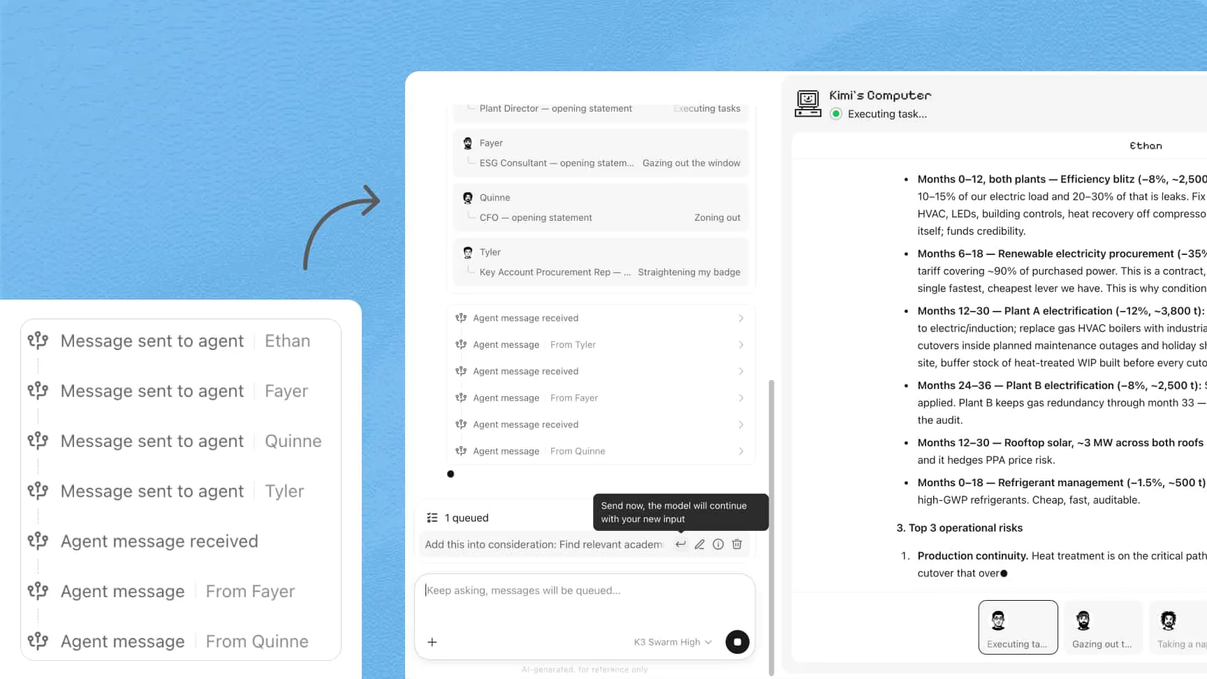 Kimi Agent Swarm adapta los flujos de trabajo activos de los agentes a medida que los usuarios agregan nuevos requisitos, contexto o cambios de rumbo