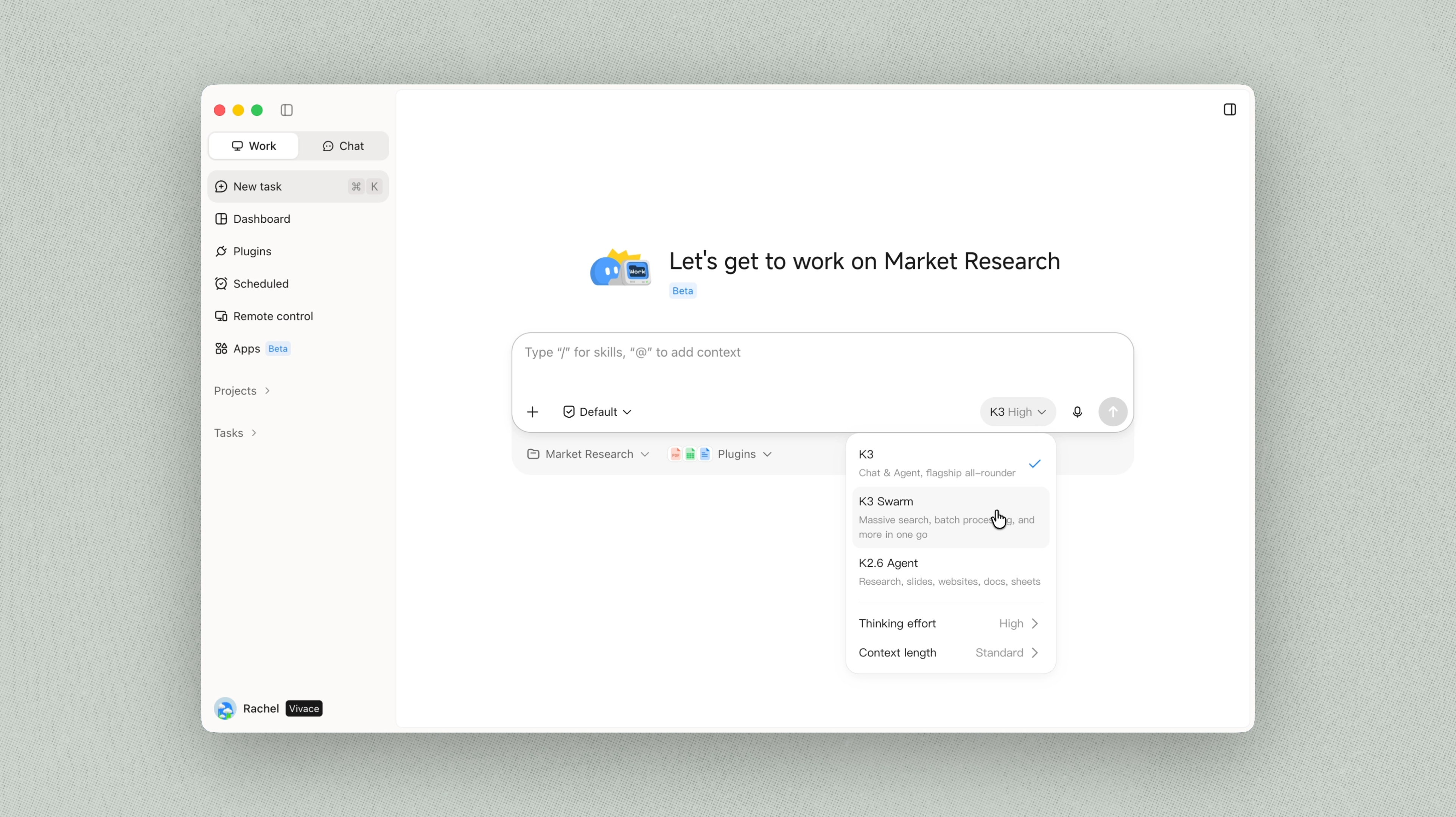The Kimi Work interface showing the prompt “Let's get to work on Market Research” with an input box below. In the sidebar are options like “Dashboard” and “Plugins”. Next to the input box, a dropdown list shows “K3 Swarm” selected, with related settings for priority, reasoning time, and content length.