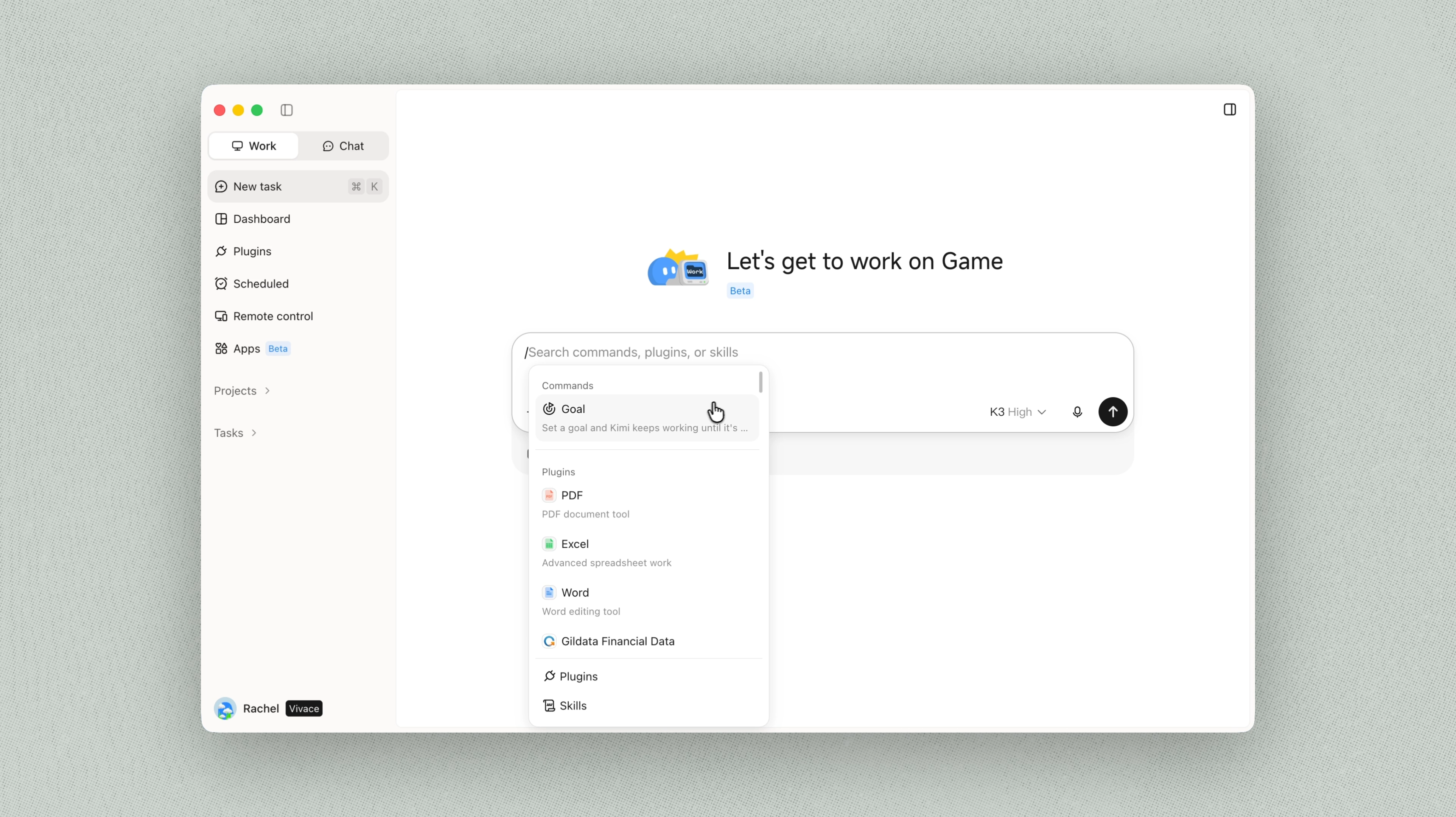 The Kimi Work interface with the prompt “Let's get to work on Game” at the top and a search input box for commands, plugins, or skills. In the search results, the “Goal” option is highlighted with the description “Set a goal and keep working with Kimi”, alongside plugin options such as PDF, Excel, and Word.