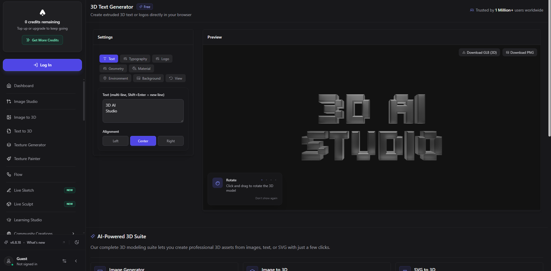 3D AI Studio: AI 3D metin oluşturucu